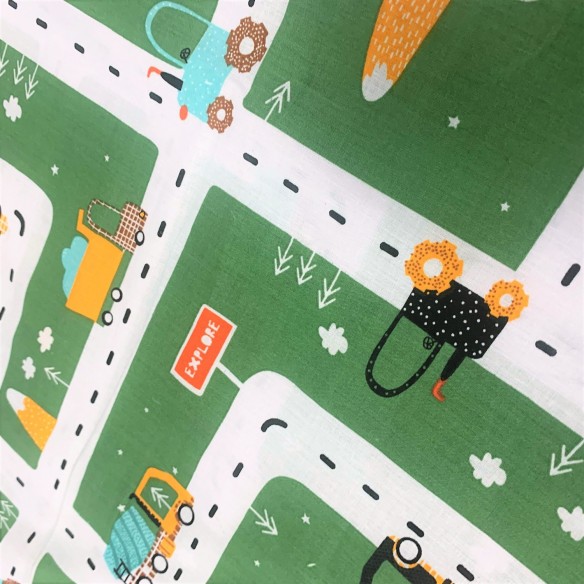 Tissu en coton - Voitures et routes sur fond vert