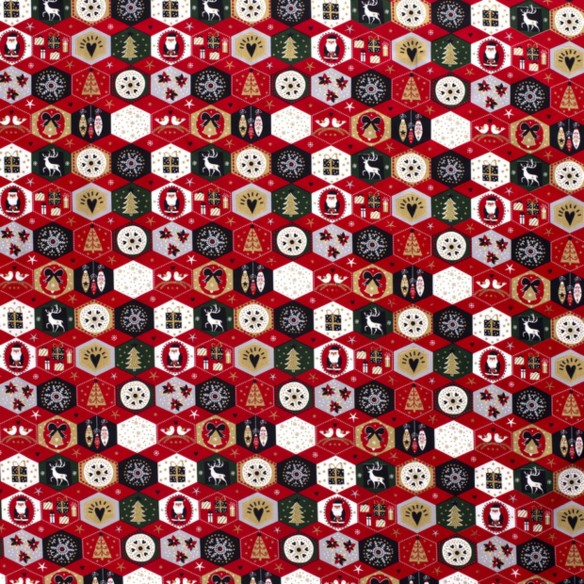 Coton PRIME - Patchwork de l'Avent hexagone rouge Noël