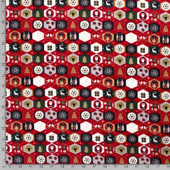 Coton PRIME - Patchwork de l'Avent hexagone rouge Noël