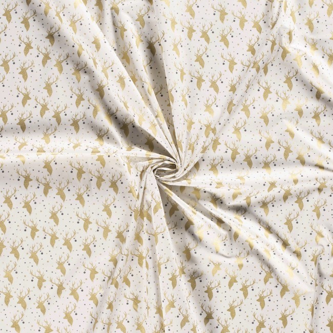 Coton PRIME - Renne d'or sur blanc de Noël