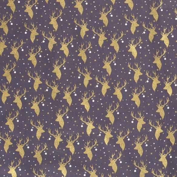 Coton PRIME - Renne d'or sur gris de Noël