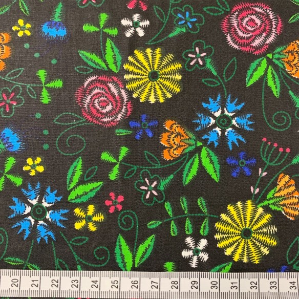 Tissu en coton - Fleurs folkloriques noires