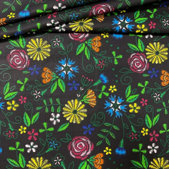 Tissu en coton - Fleurs folkloriques noires