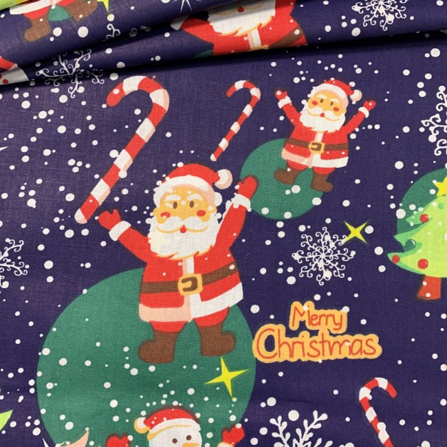 Tissu en coton - Père Noël Merry Christmas bleu marine