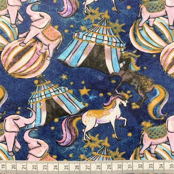 Tissu en coton - Licornes, éléphants et cirque bleu marine