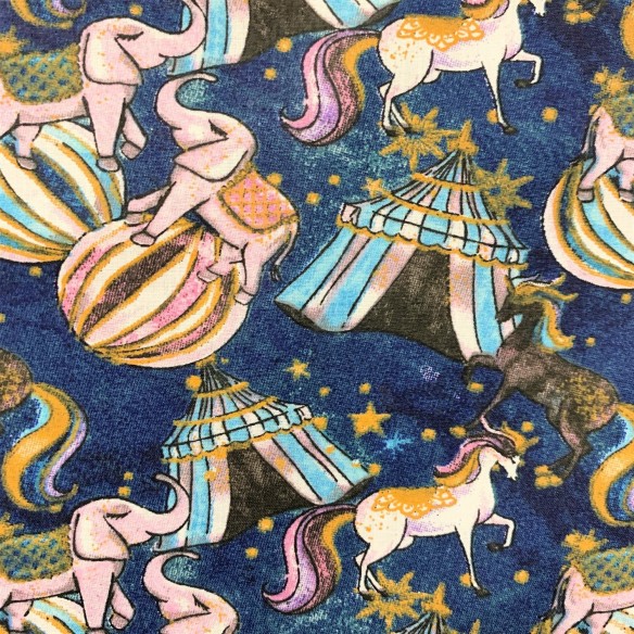 Tissu en coton - Licornes, éléphants et cirque bleu marine