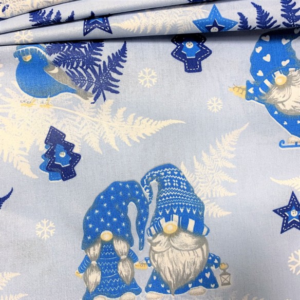 Tissu en coton - Nains de Noël bleus et patins