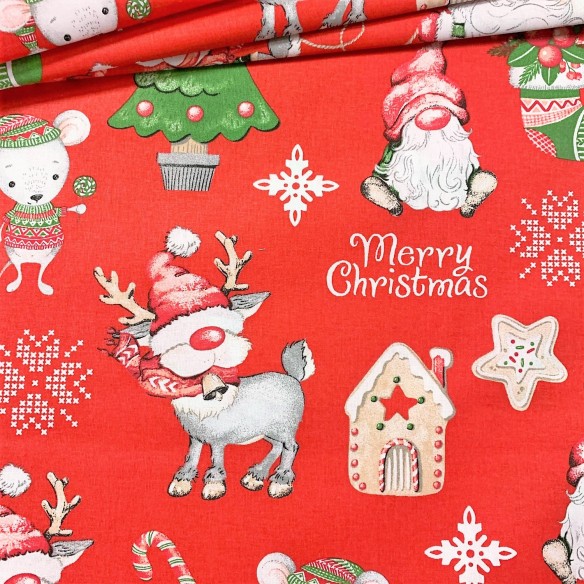 Tissu en coton - Renne rouge "Merry christmas"