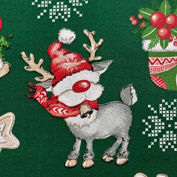 Tissu en coton - Renne vert "Merry christmas"