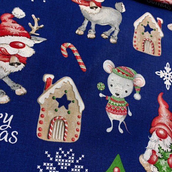 Tissu en coton - Renne bleu marine "Merry christmas"