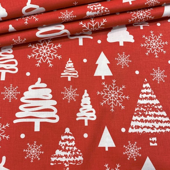 Tissu en coton - Sapin de Noël blanc festif sur rouge