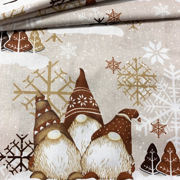 Tissu en coton - Festif lutins et flocons de neige beige
