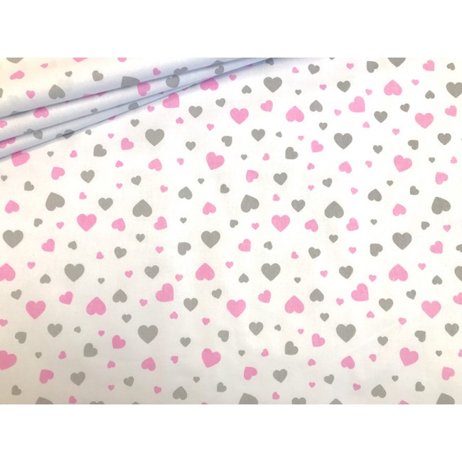 Tissu en coton - Duo coeurs gris-rose