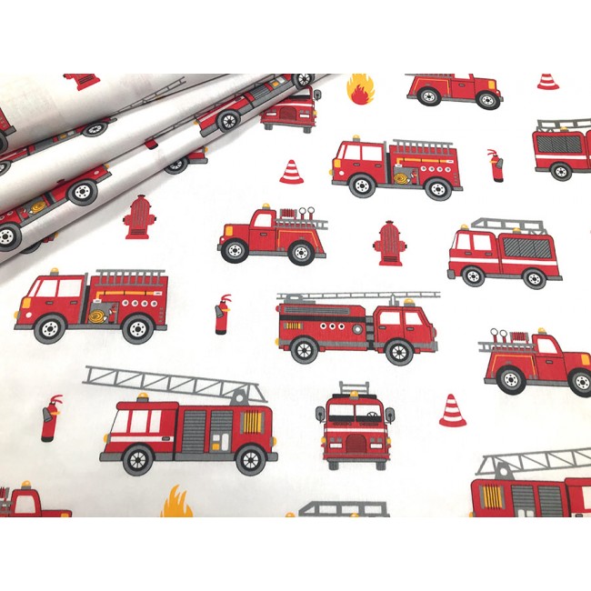Tissu en coton - Camions de pompiers sur blanc