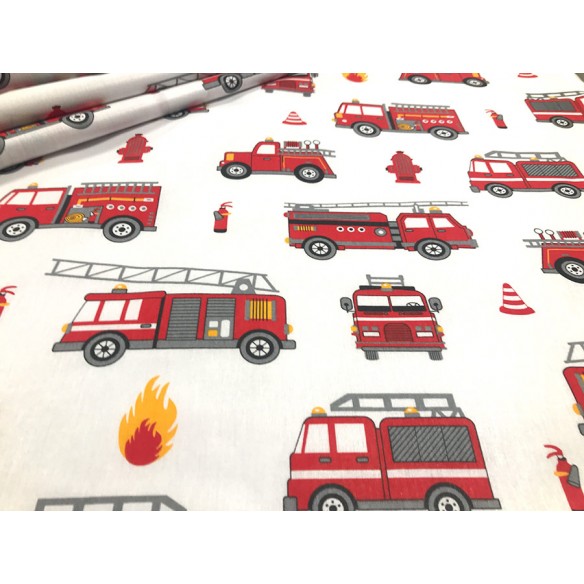 Tissu en coton - Camions de pompiers sur blanc