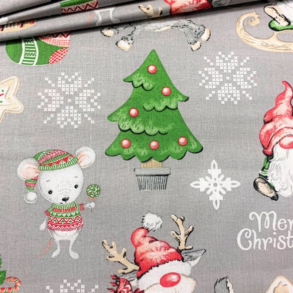Tissu en coton - Renne Gris "Merry christmas"