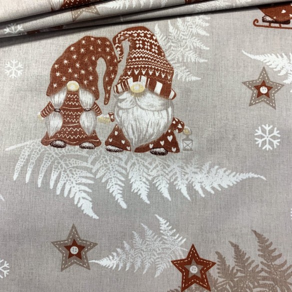 Tissu en coton - Nains de Noël beige et patins