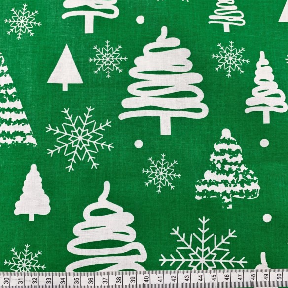 Tissu en coton - Arbre de Noël blanc festif sur vert