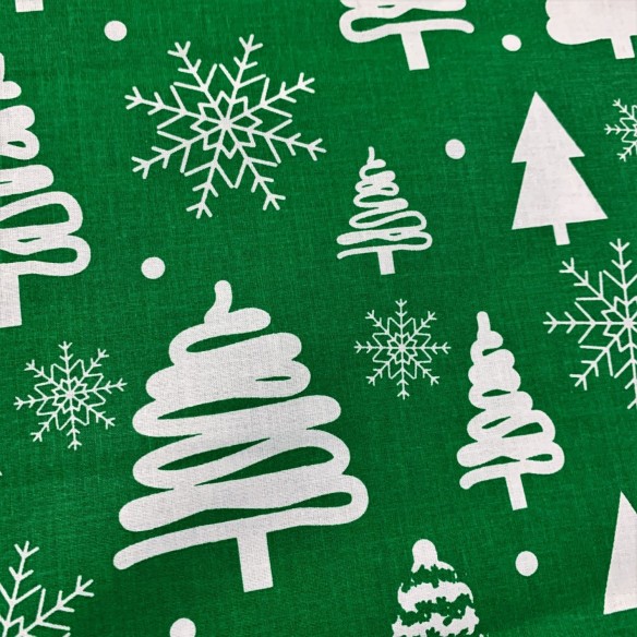 Tissu en coton - Arbre de Noël blanc festif sur vert