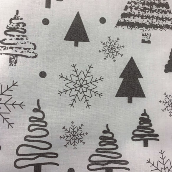 Tissu en coton - Festive sapins de Noël gris sur blanc