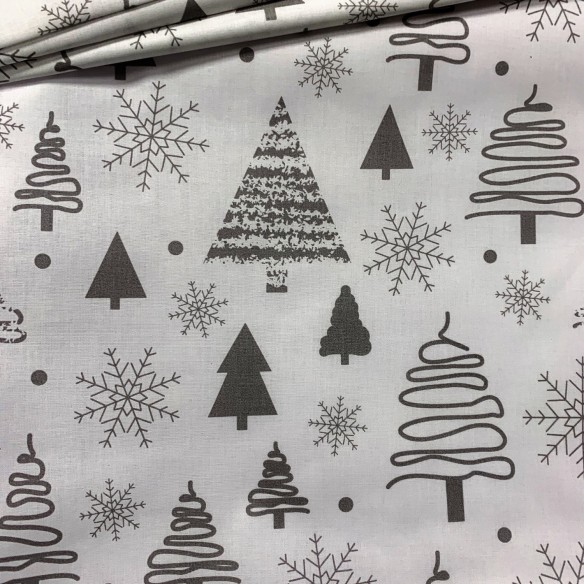 Tissu en coton - Festive sapins de Noël gris sur blanc