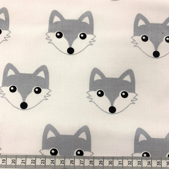 Tissu en coton - Mini renards gris sur blanc