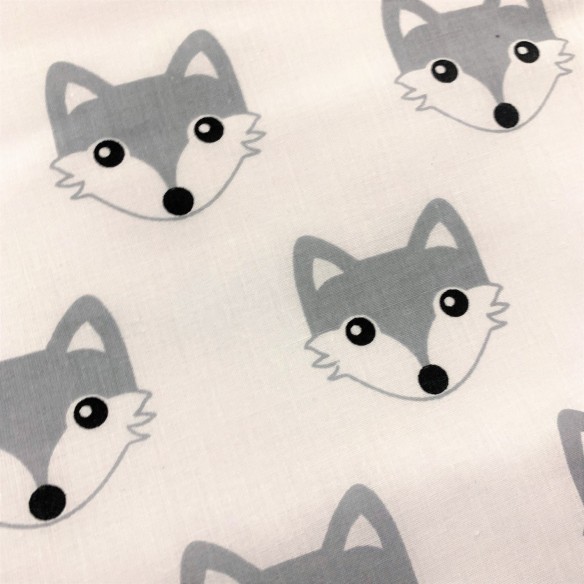 Tissu en coton - Mini renards gris sur blanc