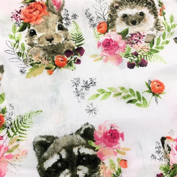 Tissu en coton - animaux et fleurs