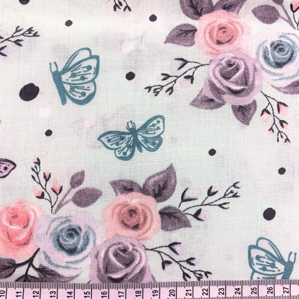 Tissu en coton - Roses multicolores et papillons sur menthe