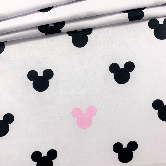 Tissu en coton - Mickey de souris rose-noir sur blanc