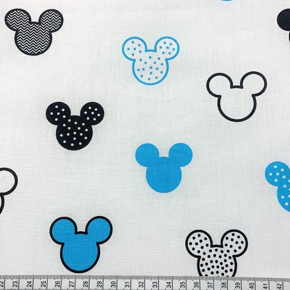 Tissu en coton - Mickey de souris motifs bleu sur blanc