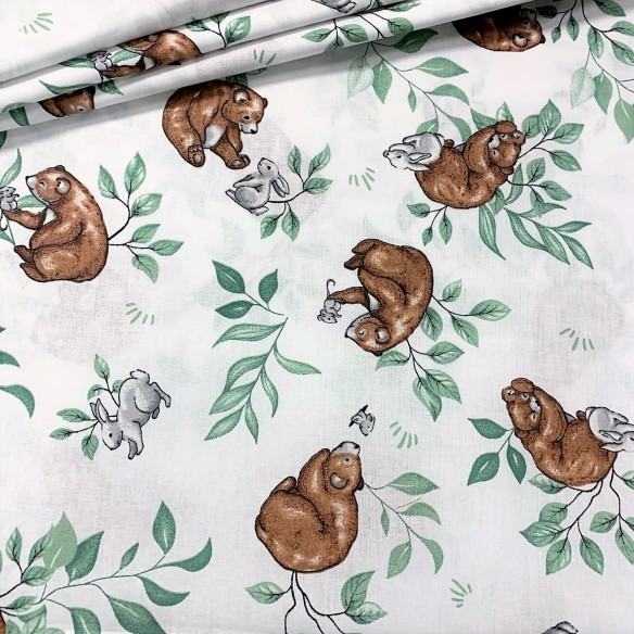 Tissu en coton - Ours en peluche, lapin et feuilles