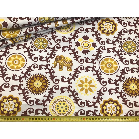 Tissu en coton - Motif indien en éléphants moutarde
