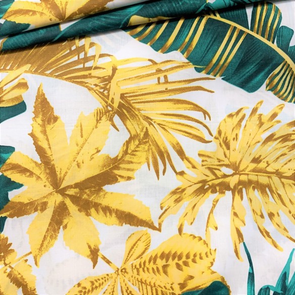 Tissu Coton - Grandes feuilles vert or sur blanc
