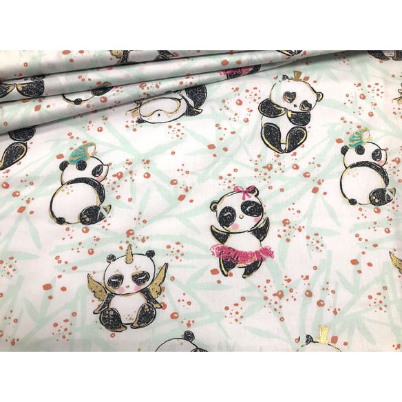 Tissu en coton - Pandas avec de l'or sur blanc