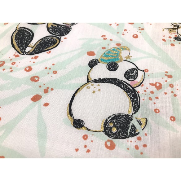 Tissu en coton - Pandas avec de l'or sur blanc