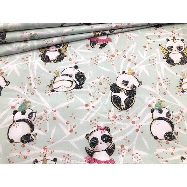 Tissu en coton - Pandas avec de l'or sur menthe