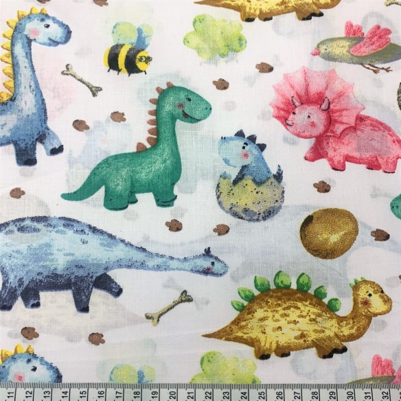 Tissu en coton - Dinosaures multicolores