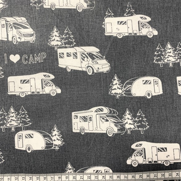 Tissu en coton - Camping-car gris et blanc