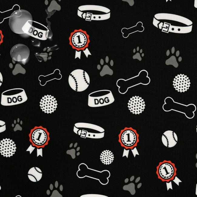 Tissu déperlant Oxford - Patte de chien, gamelle et médaille noir