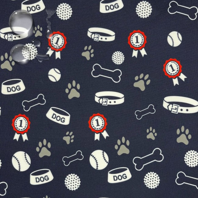 Tissu Water Resistant Oxford - Patte de chien, gamelle et médaille marine
