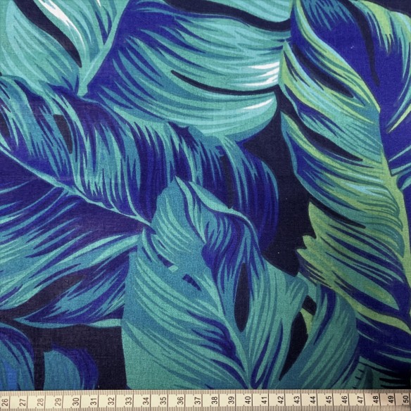 Tissu Coton - Feuilles de Monstera Turquoise sur Noir
