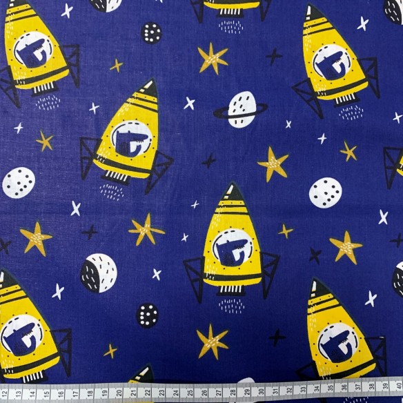Tissu en coton - Fusées, planètes et lunes sur bleu marine