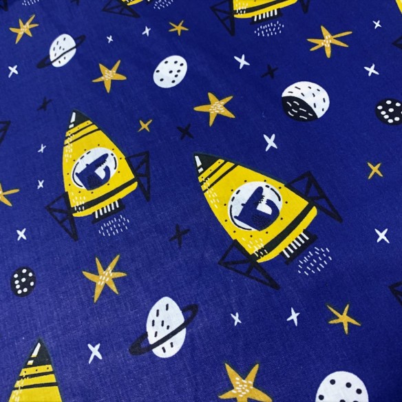 Tissu en coton - Fusées, planètes et lunes sur bleu marine