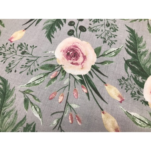 Tissu en coton - Roses dans un jardin grises