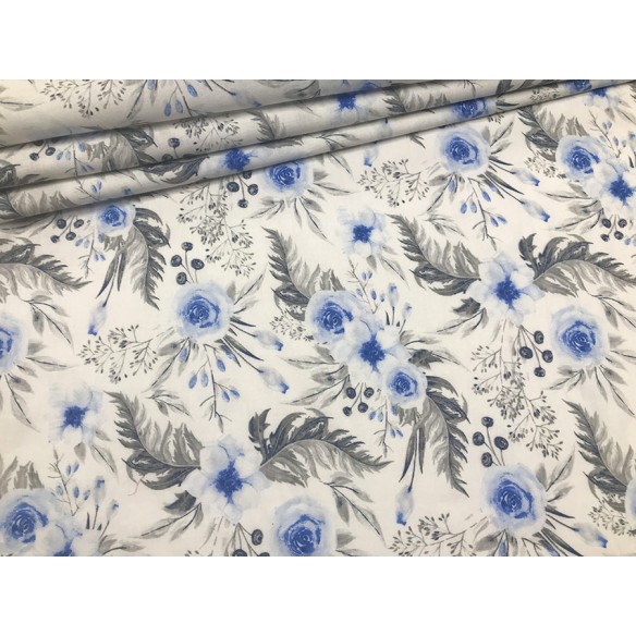 Tissu en coton - Roses dans un jardin bleues