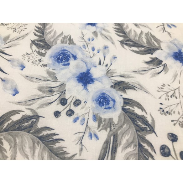 Tissu en coton - Roses dans un jardin bleues