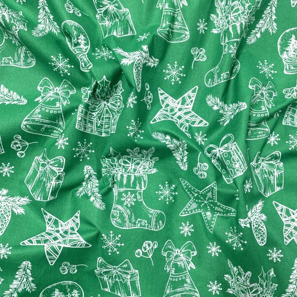 Tissu Coton - Cadeaux de Noël Blanc sur Vert