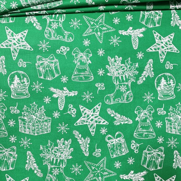 Tissu Coton - Cadeaux de Noël Blanc sur Vert