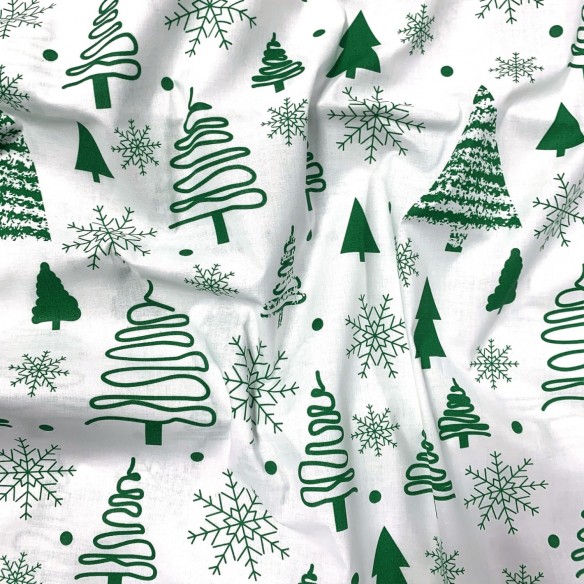 Tissu Coton - Sapins de Noël Vert sur Blanc
